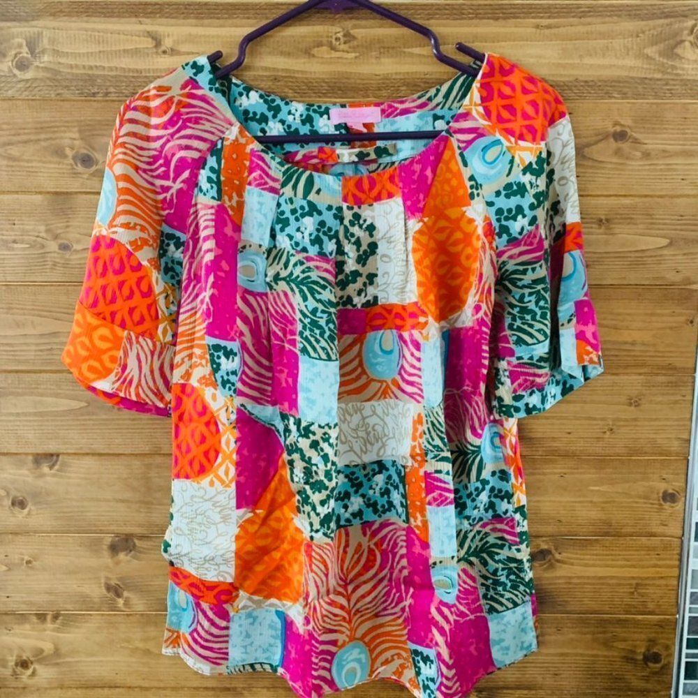 Lilly Pulitzer Keating 100% SILK Patchwork Block Print Pleated Neck Top